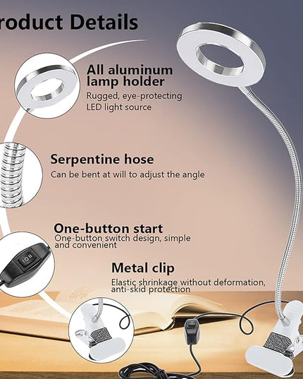 Tattoo Lamp USB LED Ring Lamp, Beauty Table Lamp with Clamp Adjustable Brightness, Clip On Light Desk Lamp Ring Light for Makeup Tattoo Eyebrow Nail Art Reading Study, Portable Beauty Lamp - LeafyLoom