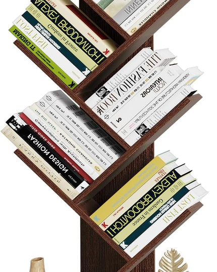 Vagusicc 6 Tier Tree Bookshelf - Retro Shelf Floor Standing Bookcase with Baskets, Tall Wood Book Storage Rack for Books/CDs, Tree Utility Book Organizer Shelves for Living Room, Home Office, Bedroom - LeafyLoom