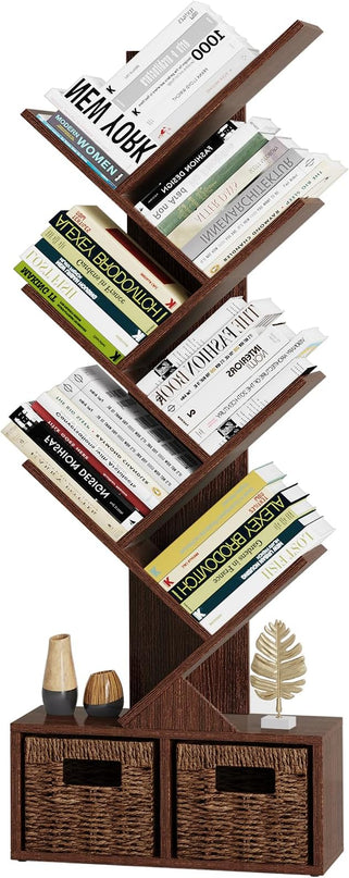 Vagusicc 6 Tier Tree Bookshelf - Retro Shelf Floor Standing Bookcase with Baskets, Tall Wood Book Storage Rack for Books/CDs, Tree Utility Book Organizer Shelves for Living Room, Home Office, Bedroom - LeafyLoom