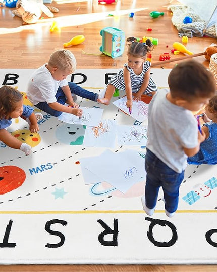 Soft ABC Kids Rug,110.2x78.7 in Washable Large Classroom Rug,Non-Slip Educational Kids Room Rug,Cute Solar System Playroom Area Rug for Classroom Playroom Bedroom Kids Room Decor - LeafyLoom