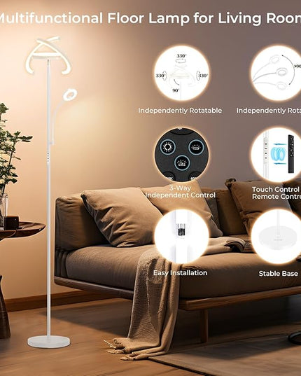 FIMEI 3 in 1 Floor Lamp, Modern Bright Standing Lamp with Split Rotatable Outer Ring Light and Small Reading Light, 4 Color and Dimmable, 3-Way Independent Control for Living Room Office, White - LeafyLoom