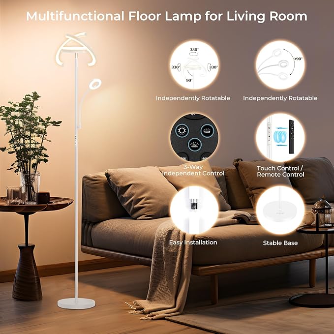 FIMEI 3 in 1 Floor Lamp, Modern Bright Standing Lamp with Split Rotatable Outer Ring Light and Small Reading Light, 4 Color and Dimmable, 3-Way Independent Control for Living Room Office, White - LeafyLoom