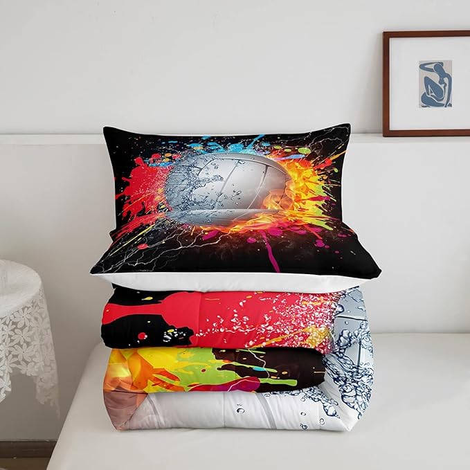 Erosebridal Kids Volleyball Comforter Set for Teen Girls Boys Volleyball Bedding Set Full Grunge Hippie Tie Dye Bedding Comforter Red Blue Fire Water Lightning Quilt Duvet Insert 2 Pillow Cases - LeafyLoom