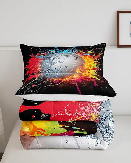 Erosebridal Kids Volleyball Comforter Set for Teen Girls Boys Volleyball Bedding Set Twin Grunge Hippie Tie Dye Bedding Comforter Red Blue Fire Water Lightning Quilt Duvet Insert 1 Pillow Case - LeafyLoom