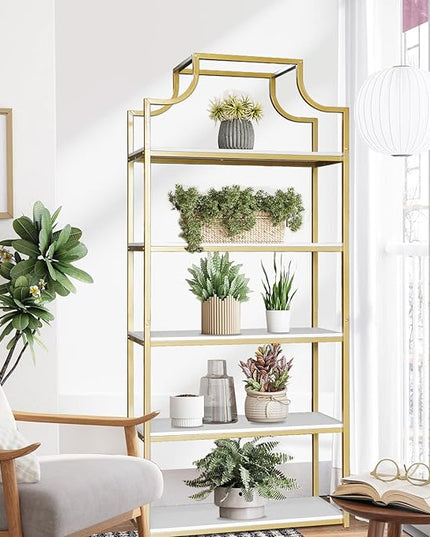 TooCust 5-Tier Gold Bookcase, 29.5" Lx70.6 H, Bookshelf for Bedroom,Gold Book Display Shelf, Arched Bookcase, Organizer Rack for Living Room, Gold Freestanding Display Shelf,White and Gold Bookshelf - LeafyLoom
