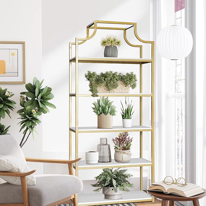 TooCust 5-Tier Gold Bookcase, 29.5" Lx70.6 H, Bookshelf for Bedroom,Gold Book Display Shelf, Arched Bookcase, Organizer Rack for Living Room, Gold Freestanding Display Shelf,White and Gold Bookshelf - LeafyLoom