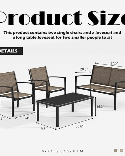 Greesum 4 Pieces Patio Furniture Set, Outdoor Conversation Sets for Patio, Lawn, Garden, Poolside with A Glass Coffee Table, Brown - LeafyLoom