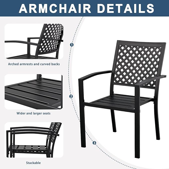 3 Piece Iron Bistro Set Stackable Outdoor Patio Furniture Set with 2 Large Comfortable Porch Chairs and Metal Coffee Table, Black - LeafyLoom