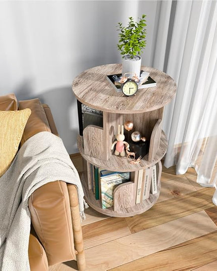 Nidouillet Small Rotating Bookshelf, 2 Tier Revolving Bookcase 360° Display Round Bookshelf Narrow Swivel Corner Book Shelf Standing Bookcase Adult Bedroom - LeafyLoom