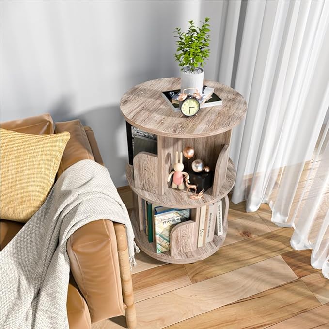 Nidouillet Small Rotating Bookshelf, 2 Tier Revolving Bookcase 360° Display Round Bookshelf Narrow Swivel Corner Book Shelf Standing Bookcase Adult Bedroom - LeafyLoom
