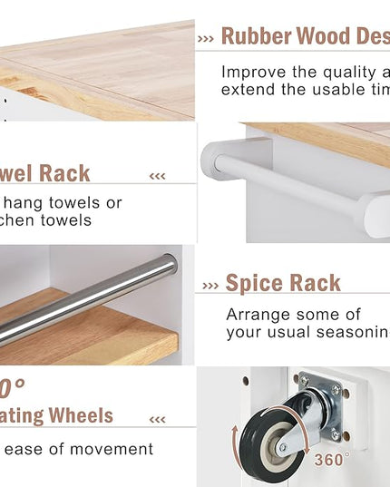 Rolling Storage, Two-sided Kitchen Island Cart on Wheels with Wood Top, Wine and Spice Rack, 2 Drawers, 3 Open Compartments, for Dining Room, Home, White, 46 Inch - LeafyLoom