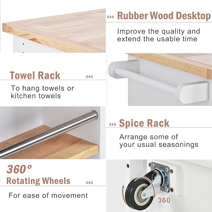 Rolling Storage, Two-sided Kitchen Island Cart on Wheels with Wood Top, Wine and Spice Rack, 2 Drawers, 3 Open Compartments, for Dining Room, Home, White, 46 Inch - LeafyLoom