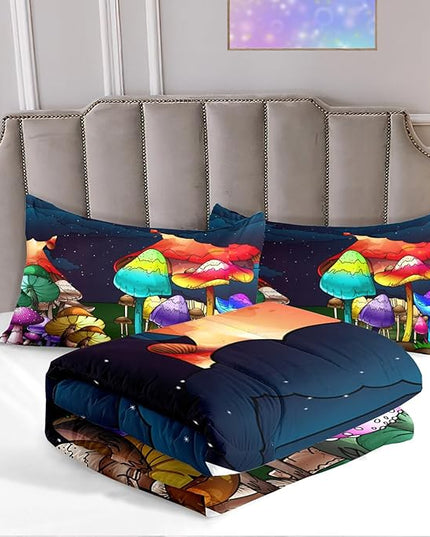 Mushroom Twin Comforter Set for Boys Cartoon Colorful Mushroom Bedding Set Night Sky Mushroom Comforter Set for Boys Bedroom All-Season Breathable Cute Mushroom Quilt with Pillowcase - LeafyLoom