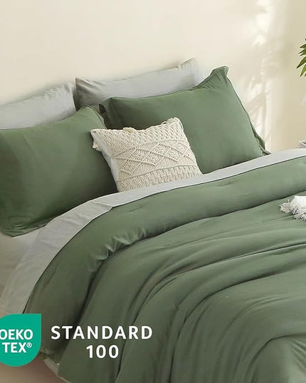 MILDLY King Size Comforter Set 7 Piece Color Clash, Olive Green Bed in a Bag, All Season Bedding Sets with 1 Comforter, 2 Pillow Shams, 2 Pillowcases, 1 Flat Sheet, 1 Fitted Sheet - LeafyLoom