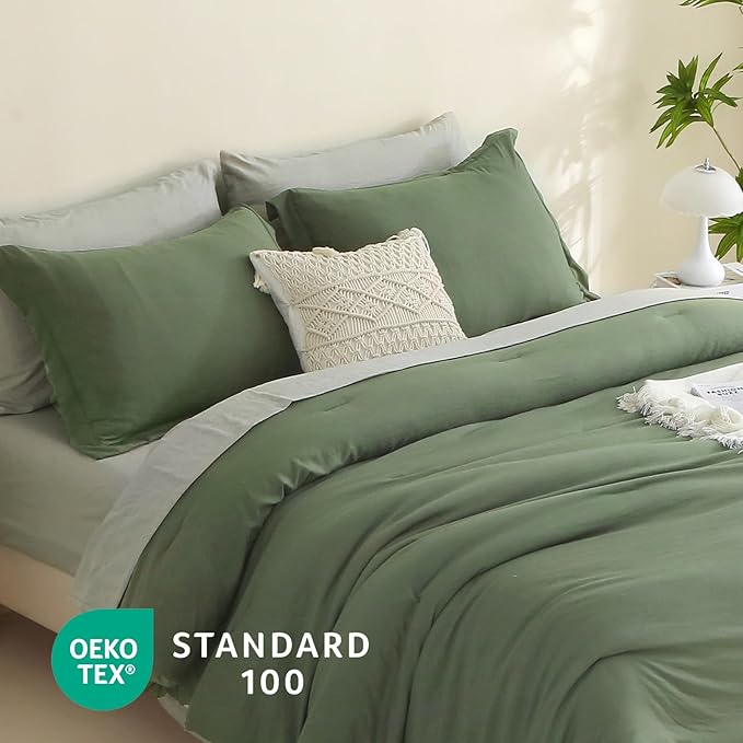 MILDLY King Size Comforter Set 7 Piece Color Clash, Olive Green Bed in a Bag, All Season Bedding Sets with 1 Comforter, 2 Pillow Shams, 2 Pillowcases, 1 Flat Sheet, 1 Fitted Sheet - LeafyLoom