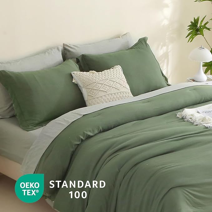MILDLY California King Size Comforter Set 7 Piece Color Clash, Olive Green Bed in a Bag, All Season Bedding Sets with 1 Comforter, 2 Pillow Shams, 2 Pillowcases, 1 Flat Sheet, 1 Fitted Sheet - LeafyLoom
