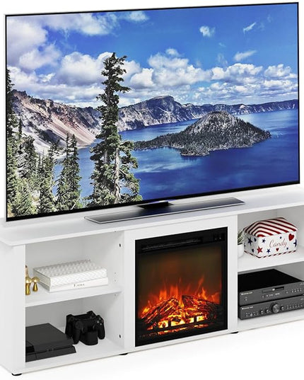 Furinno Classic 70 Inch TV Stand with Fireplace, Solid White - LeafyLoom