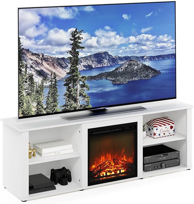 Furinno Classic 70 Inch TV Stand with Fireplace, Solid White - LeafyLoom