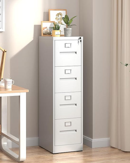 4 Drawer File Cabinet,Metal Filing Cabinets with Lock,White Vertical File Cabinet for Home Office,Heavy Duty Metal Storage Cabinet for A4/Letter/Legal Size File,Assembly Required - LeafyLoom
