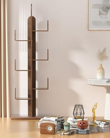 Cactus Bookshelf, Tree Bookshelf for Bedroom, Solid Wood Geometric Bookcase, Spine Bookshelf and Book Tower with Living Room, Walnut - LeafyLoom