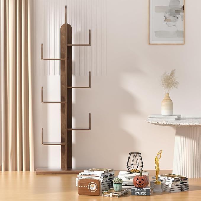 Cactus Bookshelf, Tree Bookshelf for Bedroom, Solid Wood Geometric Bookcase, Spine Bookshelf and Book Tower with Living Room, Walnut - LeafyLoom