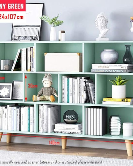 IOTXY Wooden Open Shelf Bookcase - 3-Tier Floor Standing Display Cabinet Rack with Legs, 10 Cubes Kids Bookshelf, Tiffany-Green - LeafyLoom
