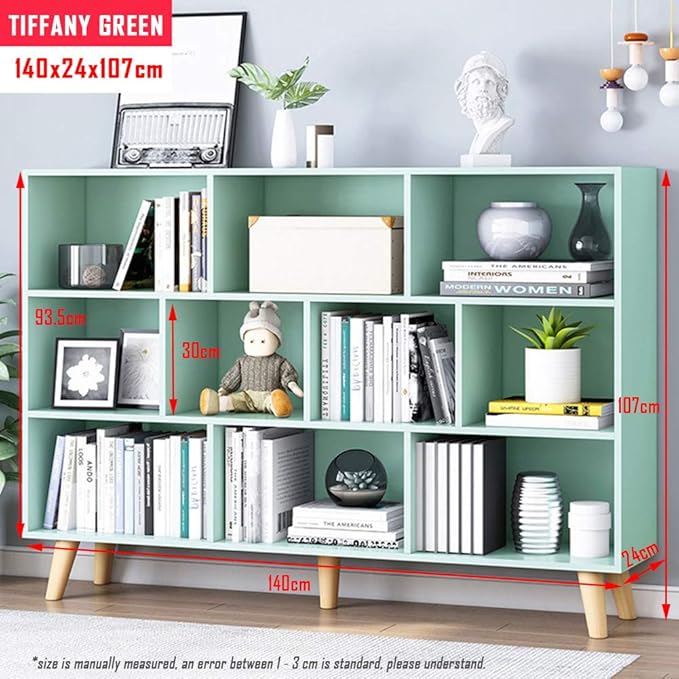 IOTXY Wooden Open Shelf Bookcase - 3-Tier Floor Standing Display Cabinet Rack with Legs, 10 Cubes Kids Bookshelf, Tiffany-Green - LeafyLoom
