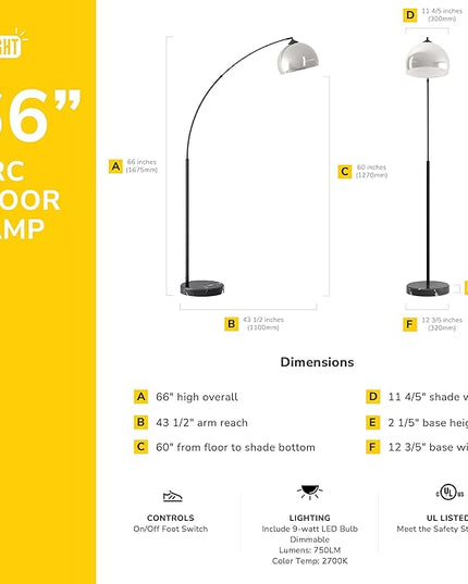 GETINLIGHT 66" Modern Brushed Nickel Arc Floor Lamp with Inner White Metal Shade and Black Marble Base, LED Bulb Included, IN-0806-1-SN - LeafyLoom