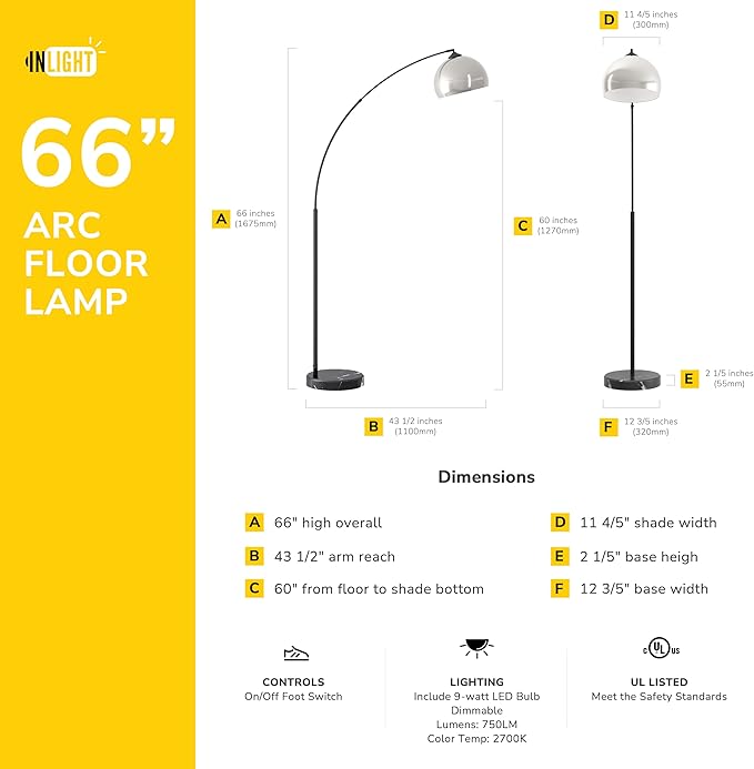 GETINLIGHT 66" Modern Brushed Nickel Arc Floor Lamp with Inner White Metal Shade and Black Marble Base, LED Bulb Included, IN-0806-1-SN - LeafyLoom