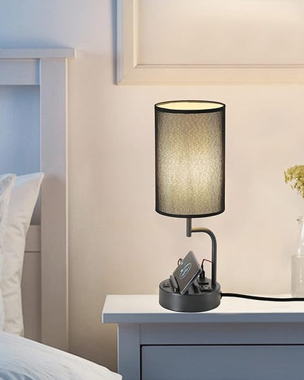 Dreamholder Table Lamp with 3 USB Charging Ports, Modern Desk Lamp with AC Outlet and Phone Stands, Perfect Bedside Lamp for Bedroom, Living Room, Office (Pack of 2), Black - LeafyLoom