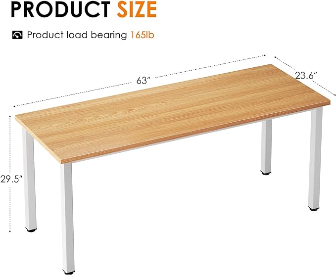 Need 63 Inch Large Computer Desk - Modern Simple Style Home Office Gaming Desk, Basic Writing Table for Study Student, White Metal Frame, Teak - LeafyLoom