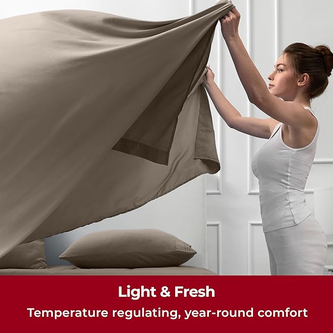 Mellanni Twin XL Sheets Set - 4 Piece Iconic Collection Bedding Sheets & Pillowcases - Soft, Cooling Bed Sheets - Deep Pocket up to 16 inch - 4 PC (Twin Extra Long, Dark Taupe w/Extra Pillow Case) - LeafyLoom