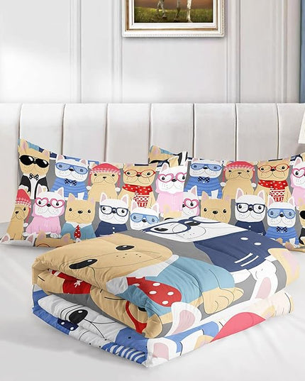 Datura home Dog Comforter Beddding Set for Kids Children,Puppy Pug Cute Dog Pattern Cartoon Career Pet Bedding Set with 1 Comforter and 2 Pillowcases(Dog Twin) - LeafyLoom