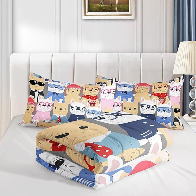 Datura home Dog Comforter Beddding Set for Kids Children,Puppy Pug Cute Dog Pattern Cartoon Career Pet Bedding Set with 1 Comforter and 2 Pillowcases(Dog Twin) - LeafyLoom