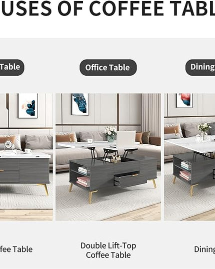 47 Inch Lift Top Coffee Table with 4 Drawers, Modern Center Table with Extendable Tabletop and Open Shelf, Multi Functional Coffee Table for Living Room, White+Grey - LeafyLoom
