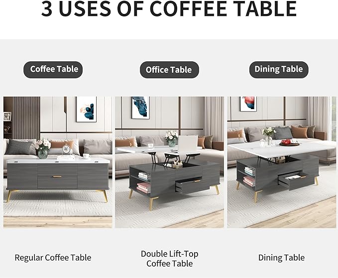 47 Inch Lift Top Coffee Table with 4 Drawers, Modern Center Table with Extendable Tabletop and Open Shelf, Multi Functional Coffee Table for Living Room, White+Grey - LeafyLoom