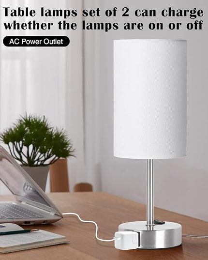 ZJOJO Bedside Lamps with AC Port, Table Lamp for Bedroom 3 Way Dimmable Nightstand Lamp Set of 2 with Round Flaxen Fabric Shade for Living Room, Dorm, Home Office - LeafyLoom