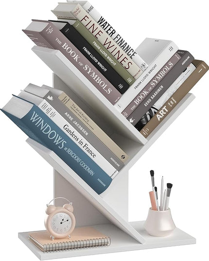 Tree Bookshelf, 3-Tier Book Storage Organizer Shelves Floor Standing Bookcase, Wood Storage Rack for Office Home School Shelf Display for Cd/Magazine（White） - LeafyLoom