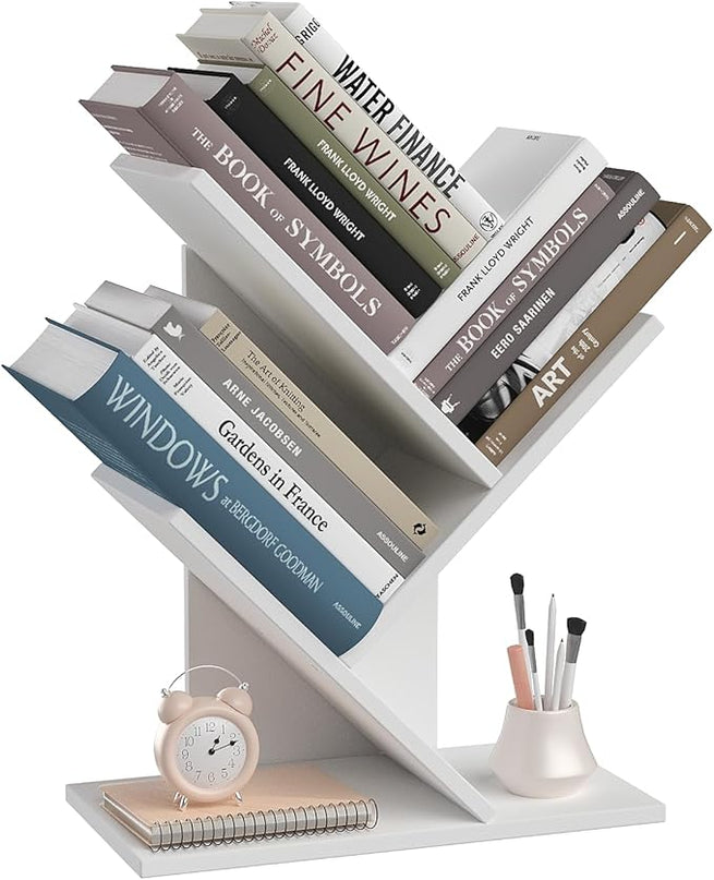Tree Bookshelf, 3-Tier Book Storage Organizer Shelves Floor Standing Bookcase, Wood Storage Rack for Office Home School Shelf Display for Cd/Magazine（White） - LeafyLoom