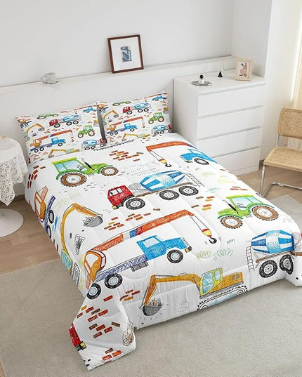 Boys Excavator Bedding Set Construction Vehicles Comforter Set for Kids Girls Watercolor Tractor Crane Truck Comforter Colorful Design Quilt Room 3Pcs Full Size Boys - LeafyLoom