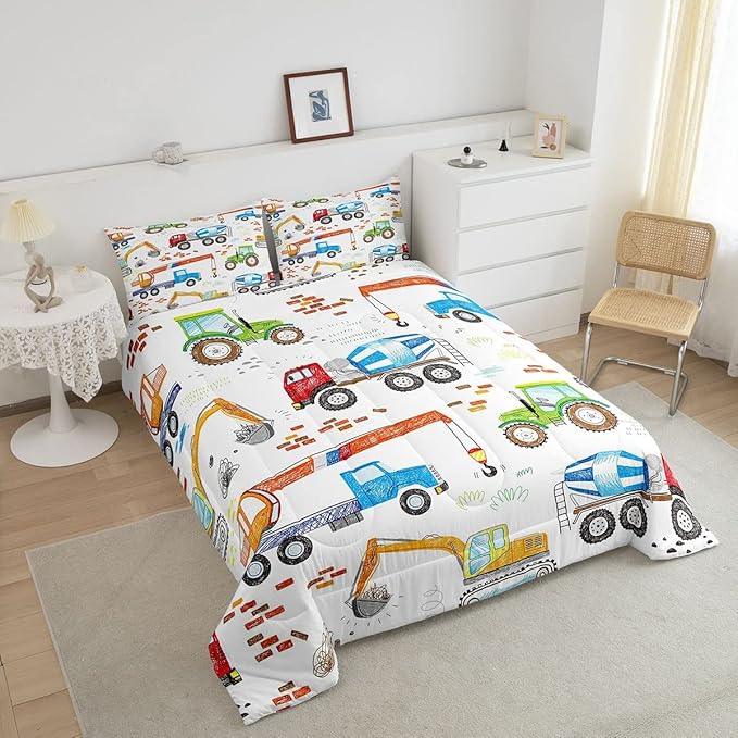 Boys Excavator Bedding Set Construction Vehicles Comforter Set for Kids Girls Watercolor Tractor Crane Truck Comforter Colorful Design Quilt Room 3Pcs Full Size Boys - LeafyLoom