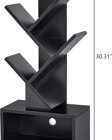 Hoctieon 3 Tier Tree Bookshelf, Small Bookcase with Drawer, Desktop Book Shelf, Display Floor Standing Storage Shelf, Book Organizer Shelves for Home Office, Black - LeafyLoom