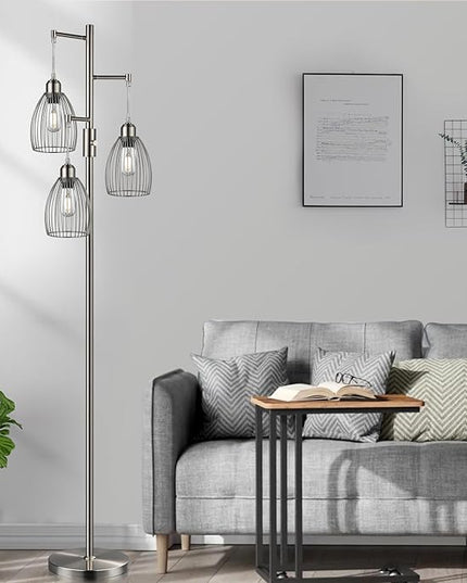 Dimmable Floor Lamp, Metal, 3 x 800LM LED Edison Bulbs Included, Industrial Floor Lamp Standing Tree Lamp with Elegant Teardrop Cage Heads Tall Lamps for Living Room Bedroom-Brushed Nickel - LeafyLoom