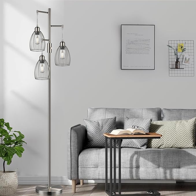 Dimmable Floor Lamp, Metal, 3 x 800LM LED Edison Bulbs Included, Industrial Floor Lamp Standing Tree Lamp with Elegant Teardrop Cage Heads Tall Lamps for Living Room Bedroom-Brushed Nickel - LeafyLoom