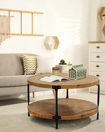Round Boho Wood Coffee Table - 29.1" Farmhouse Natural Circle Wooden 2-Tier Coffee Tables Living Room Furniture, Natural Wood Color, 29.1" D x 18.3" H - LeafyLoom
