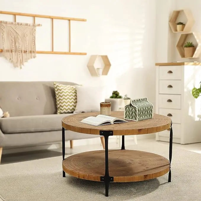 Round Boho Wood Coffee Table - 29.1" Farmhouse Natural Circle Wooden 2-Tier Coffee Tables Living Room Furniture, Natural Wood Color, 29.1" D x 18.3" H - LeafyLoom