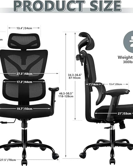Office Chair Ergonomic Desk Chair, High Back Gaming Chair, Big and Tall Reclining chair Comfy Home Office Desk Chair Lumbar Support Breathable Mesh Computer Chair Adjustable Armrests (Black) - LeafyLoom