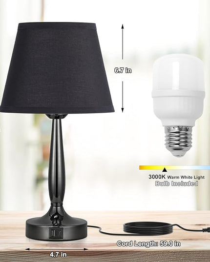 Kakanuo Touch Bedside Lamp for Bedroom with USB C Port, Small Touch Table Lamp with 2 USB Charging Ports, 3 Way Dimmable Nightstand Lamp for Living Room and Office - Black (LED Bulb Included) - LeafyLoom