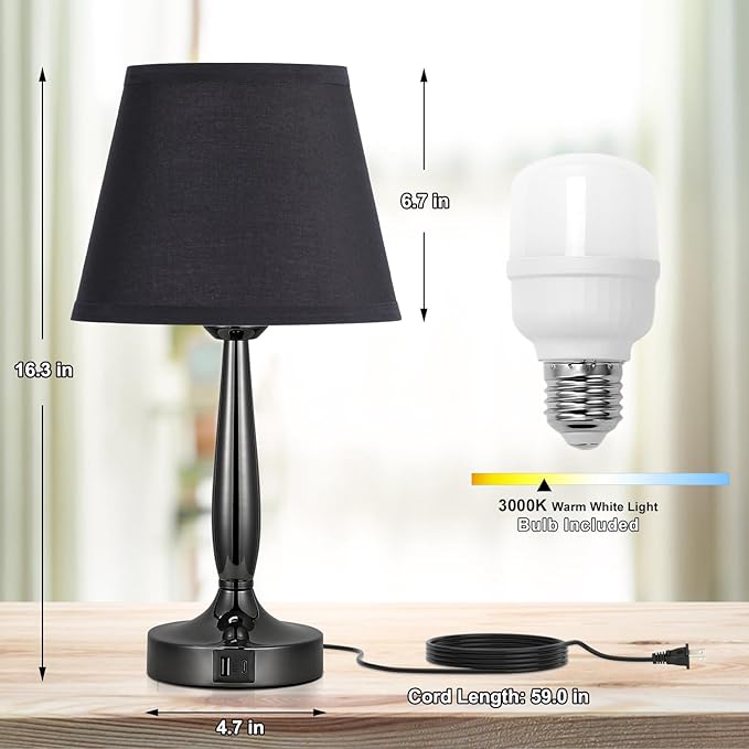 Kakanuo Touch Bedside Lamp for Bedroom with USB C Port, Small Touch Table Lamp with 2 USB Charging Ports, 3 Way Dimmable Nightstand Lamp for Living Room and Office - Black (LED Bulb Included) - LeafyLoom