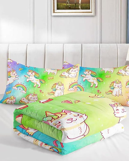 Datura home Kids Unicorn Comforter Set for Girls Boys,Kawaii Rainbow Unicorn Printed Pattern Rainbow Kawaii Bedding Set with 2 Pillowcases(Rainbow Unicorn Queen) - LeafyLoom